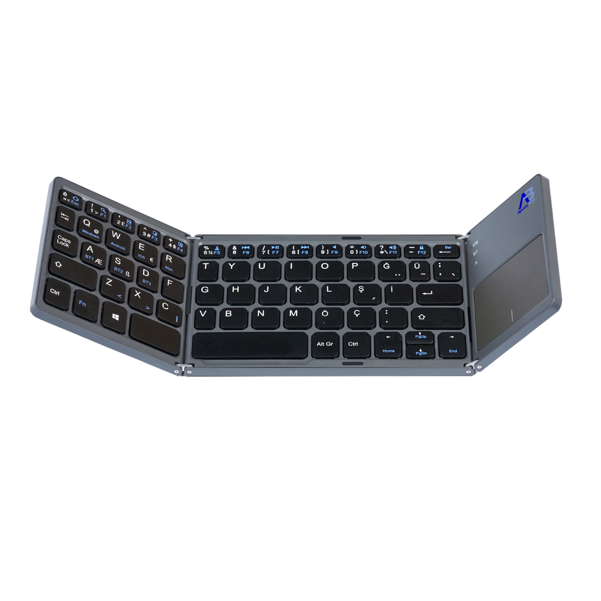 Katlanabilir Bluetooth Klavye, Dokunmatik Yüzeyli Üç Katlı, Gri - 4