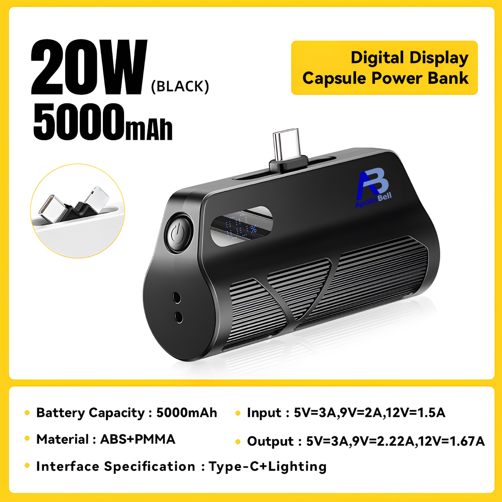 5.000mAh Mini Powerbank, USB-C & Lightning Çift Çıkışlı, Dijital Ekran, Siyah - 2