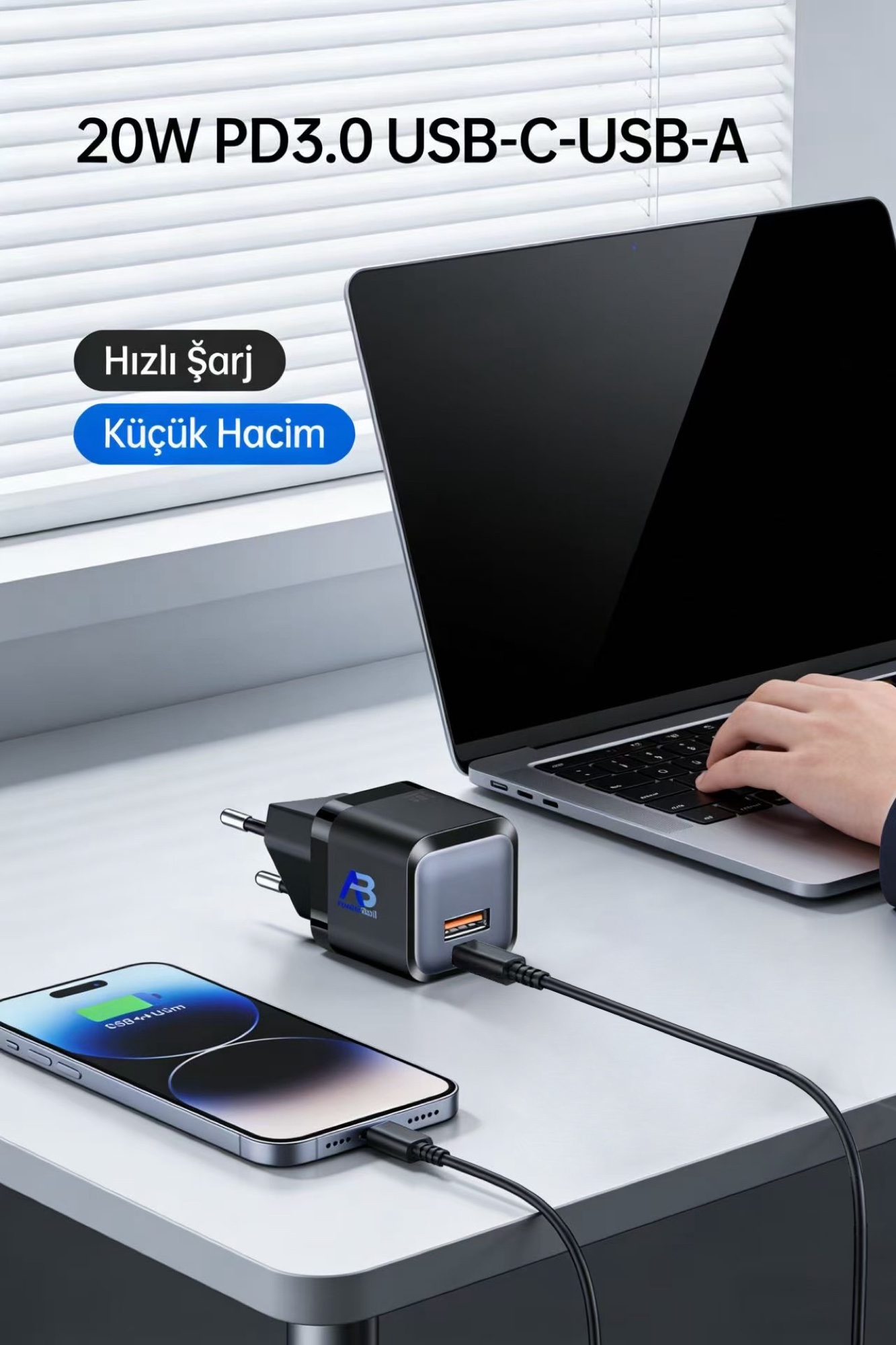 20W Mini GaN Pro Hızlı Şarj Cihazı, USB-C + USB-A, PD3.0, Siyah - 10