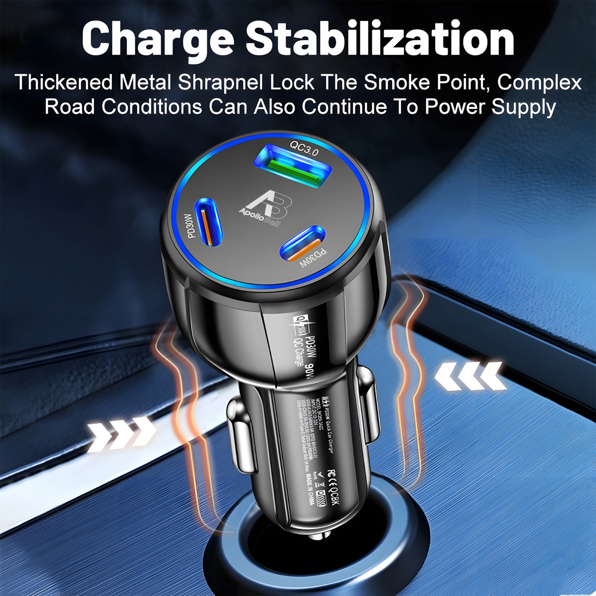 90W 3 Portlu Araç Şarj Cihazı, QC3.0 USB-A + 2x 30W USB-C PD, Sarı - 6