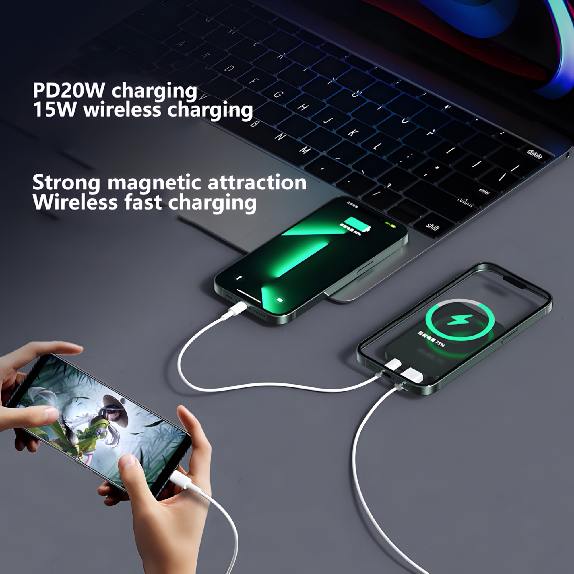 5.000mAh Manyetik Kablosuz Powerbank 22,5W, Dijital Göstergeli, Yeşil - 3