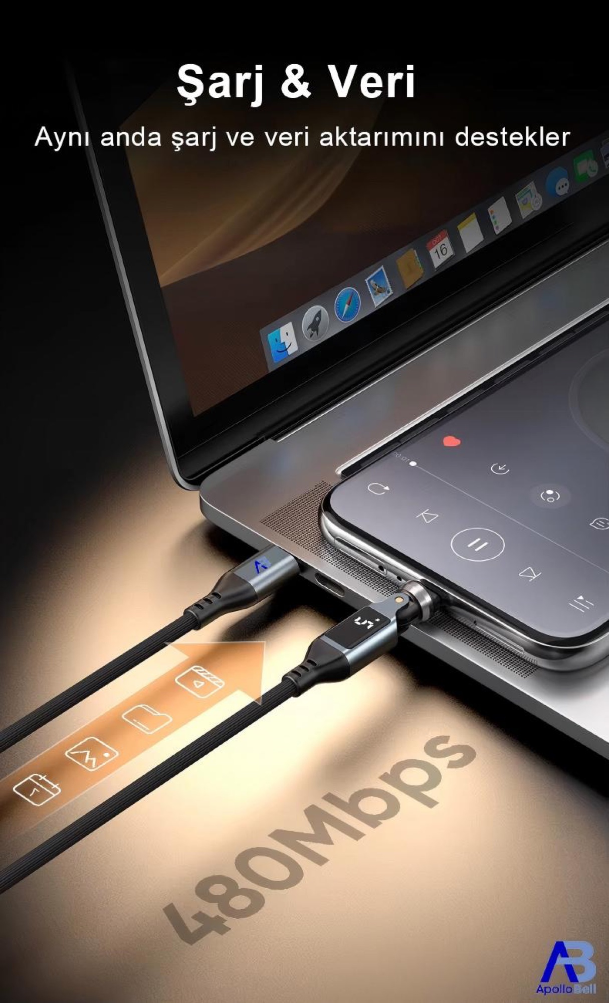 240W Dijital Ekranlı 540° Dönebilen USB-C Kablo, 50cm Siyah - 7