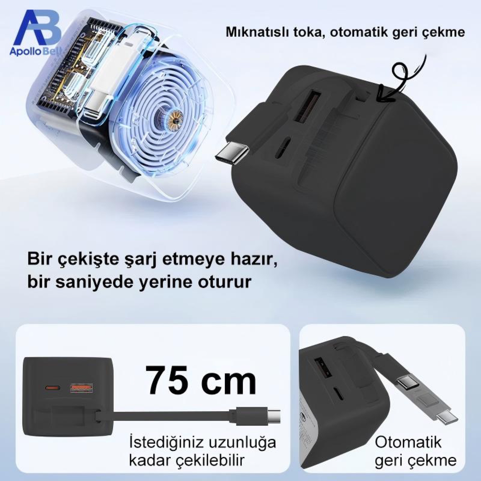 65W GaN Şarj Cihazı, Geri Çekilebilir USB-C Kablolu, PD Hızlı Şarj, Siyah - 3