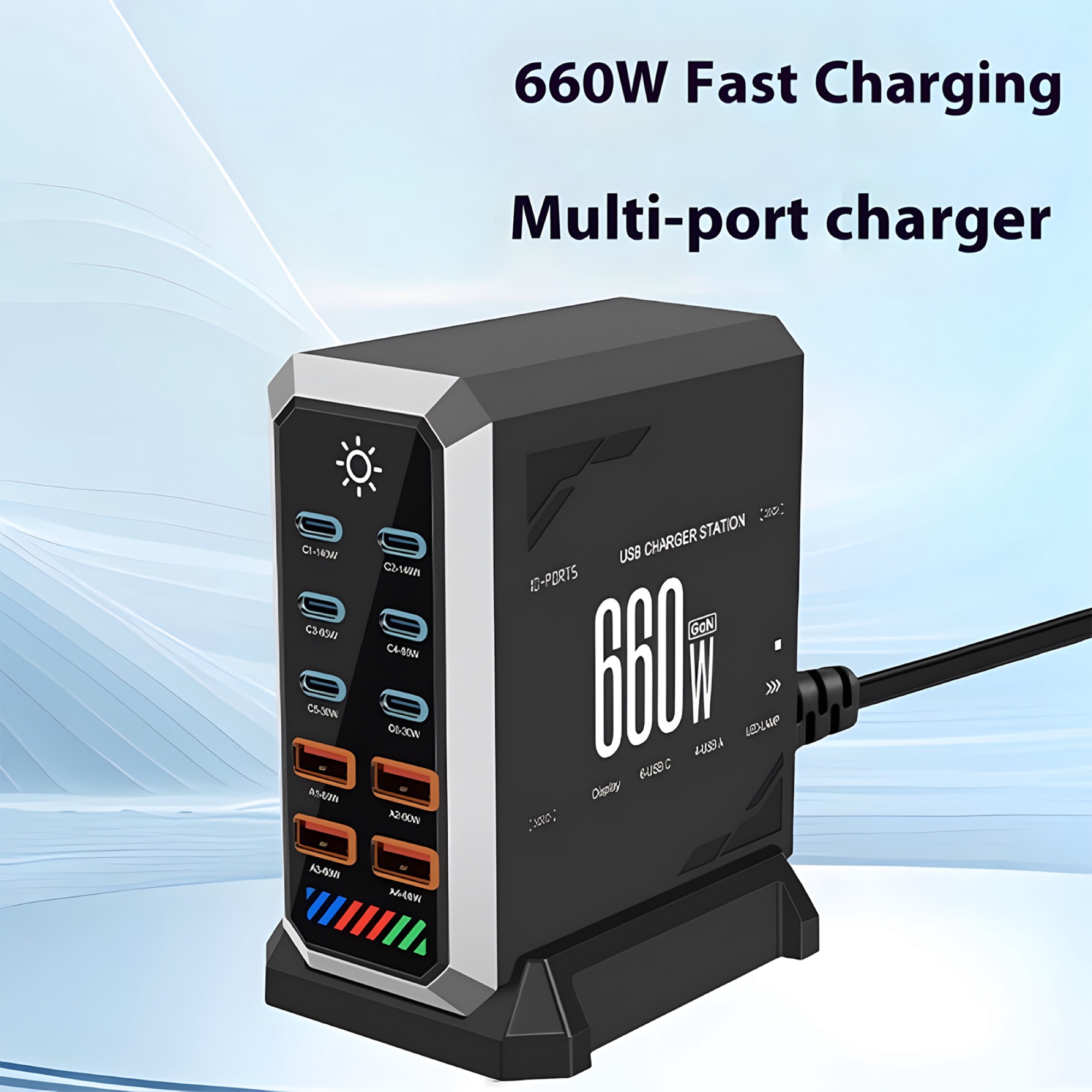 660W GaN Pro USB-C 10 Portlu Ultra Hızlı Masaüstü Şarj İstasyonu, Siyah - 2