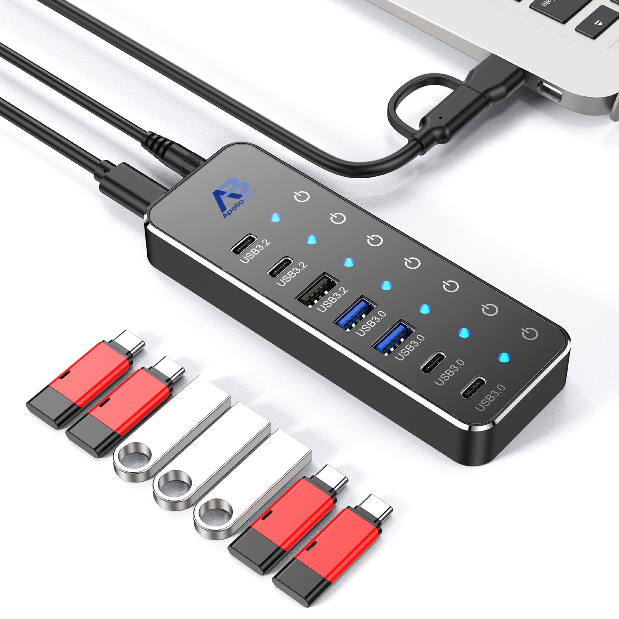 7 Portlu USB-C 3.2 Gen 2 Hub 10Gbps, Dokunmatik Bireysel Anahtarlı, Siyah - 3