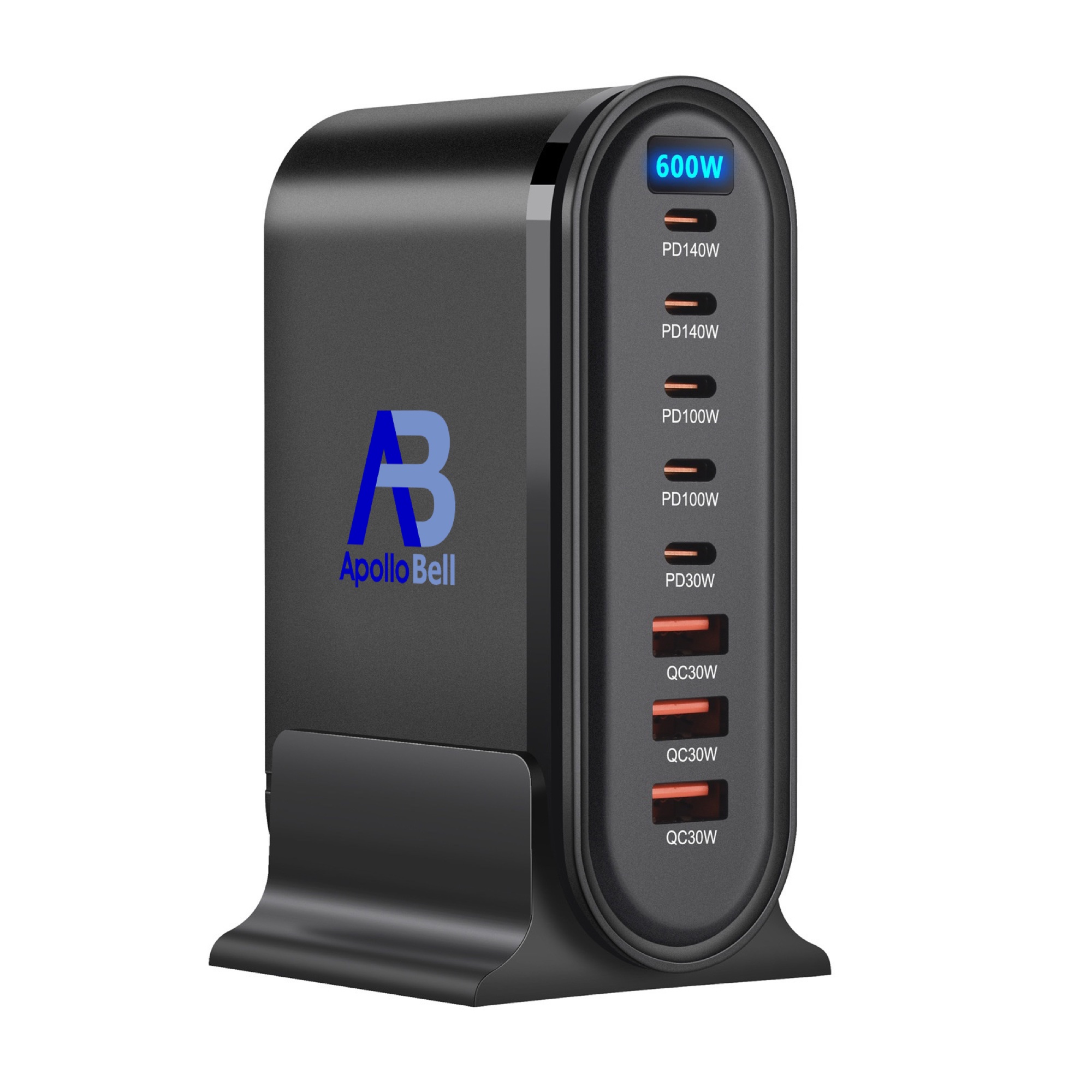 600W GaN Pro USB-C 8 Portlu Masaüstü Hızlı Şarj İstasyonu, LCD Ekranlı, Siyah - 2