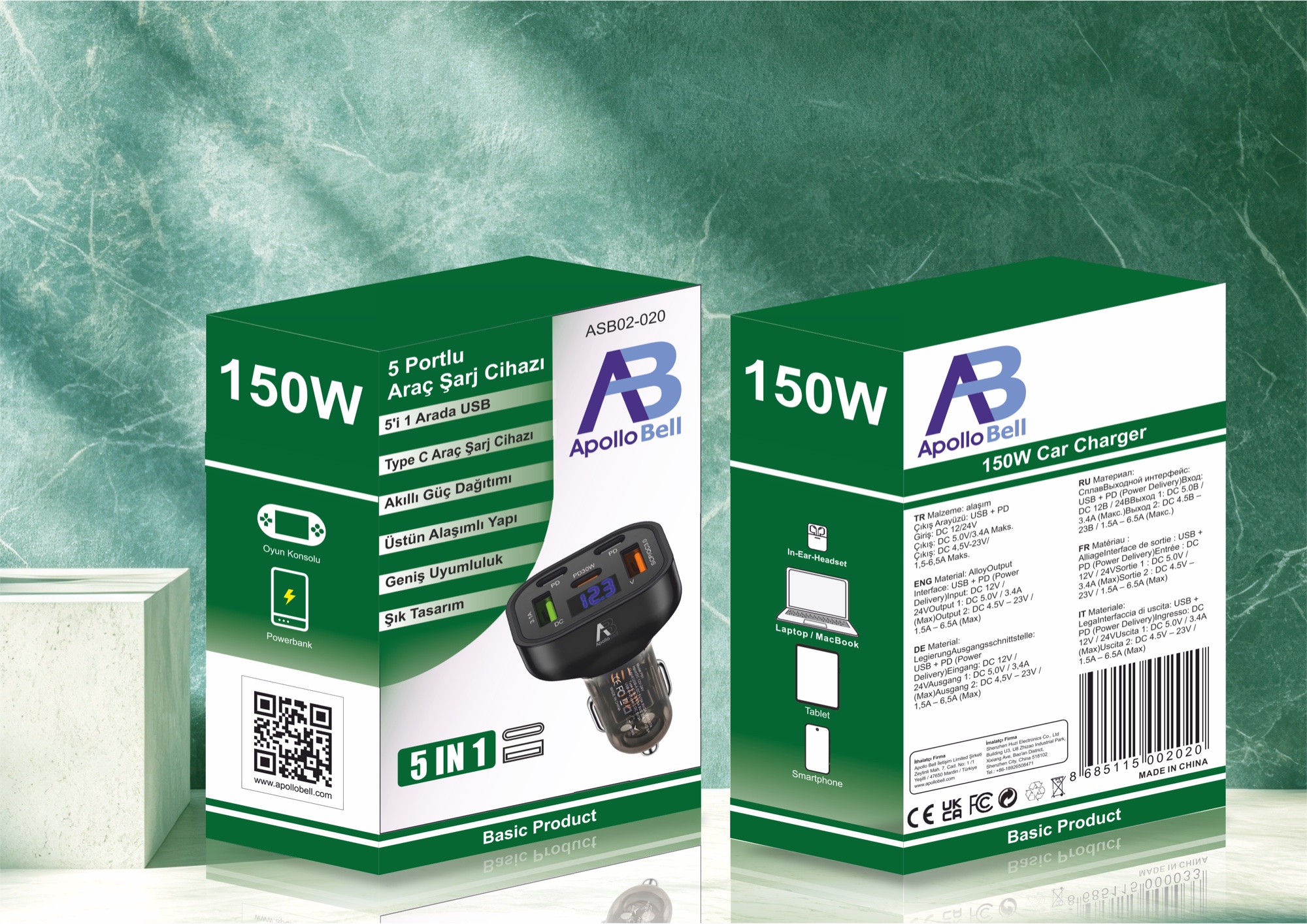 150W 5'i 1 Arada Araç Şarj Cihazı, 3x Type-C + 2x USB, Voltaj Göstergeli, Siyah - 8