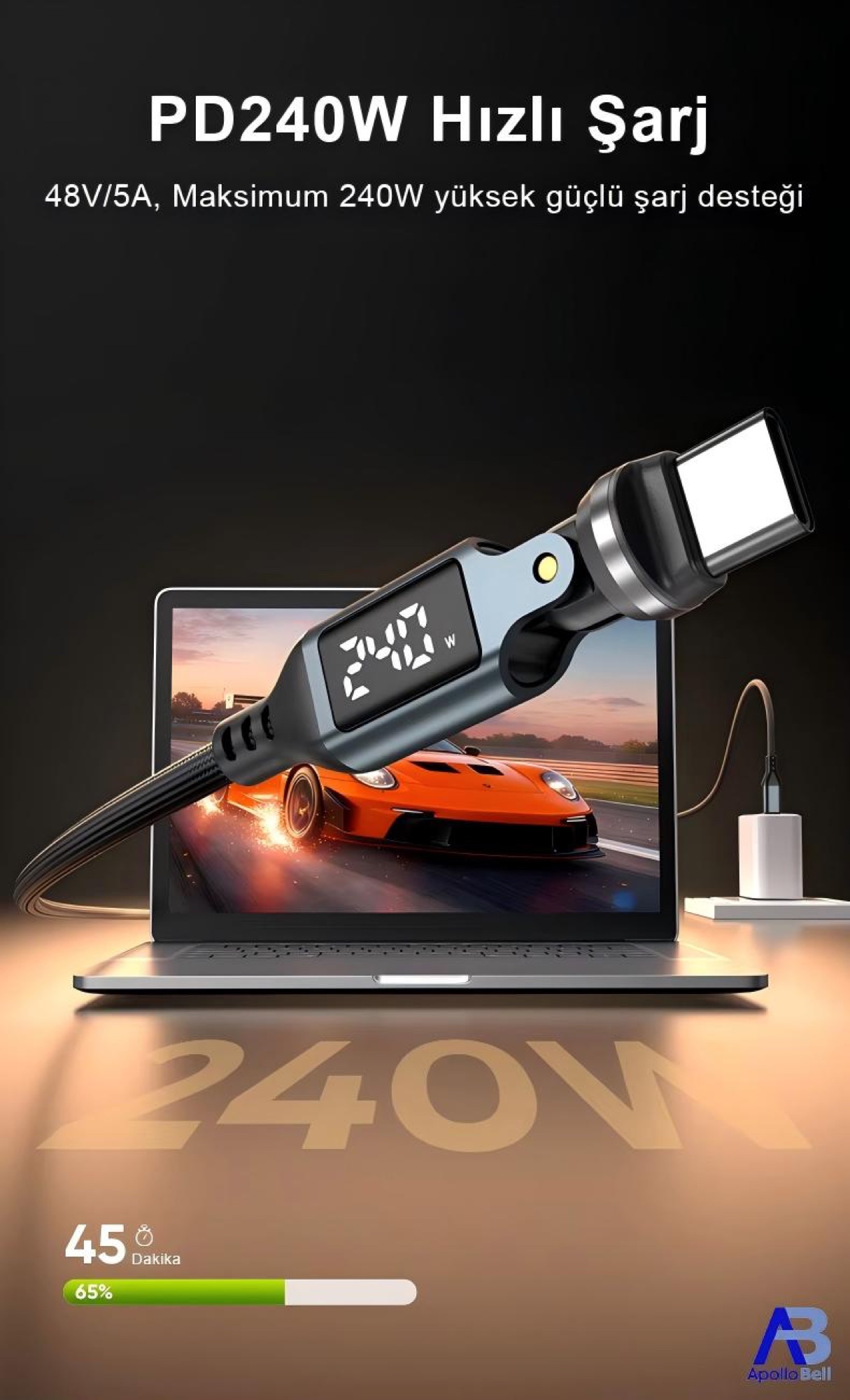 240W Dijital Ekranlı 540° Dönebilen USB-C Kablo, 100cm Siyah - 3