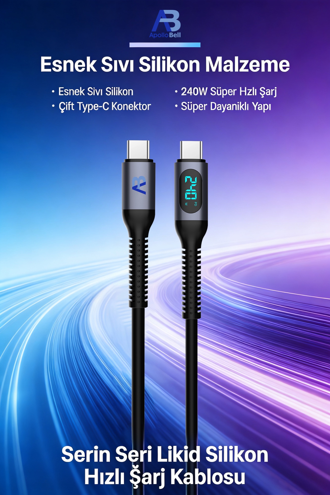240W USB-C Şarj Kablosu + Seyahat Tutucusu Seti, LED Güç Göstergeli, 50cm Beyaz - 2