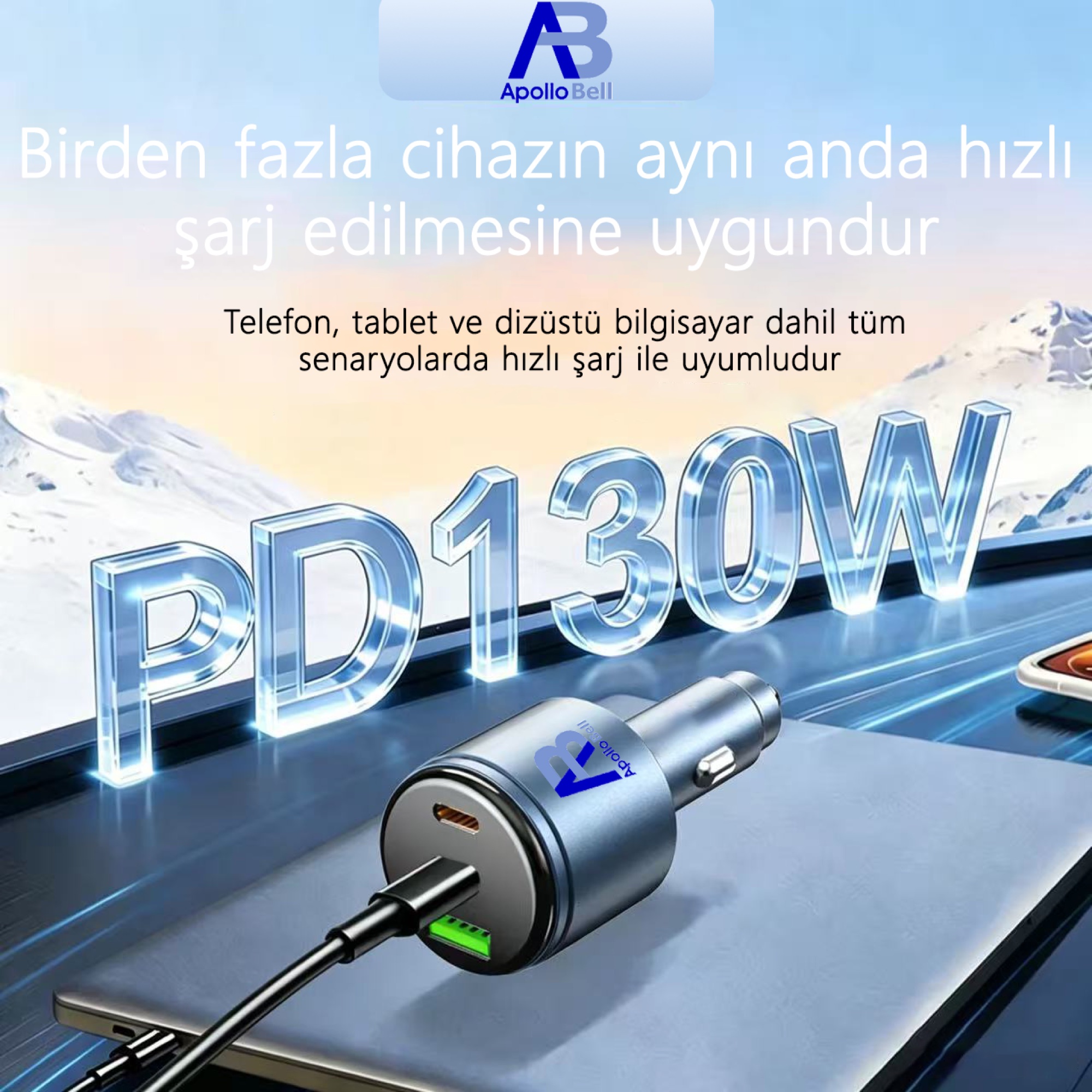 130W 3'ü 1 Arada Araç Şarj Cihazı 2x USB-C + USB-A, PD 3.0 PPS ve QC5, Metal Gövde - 3
