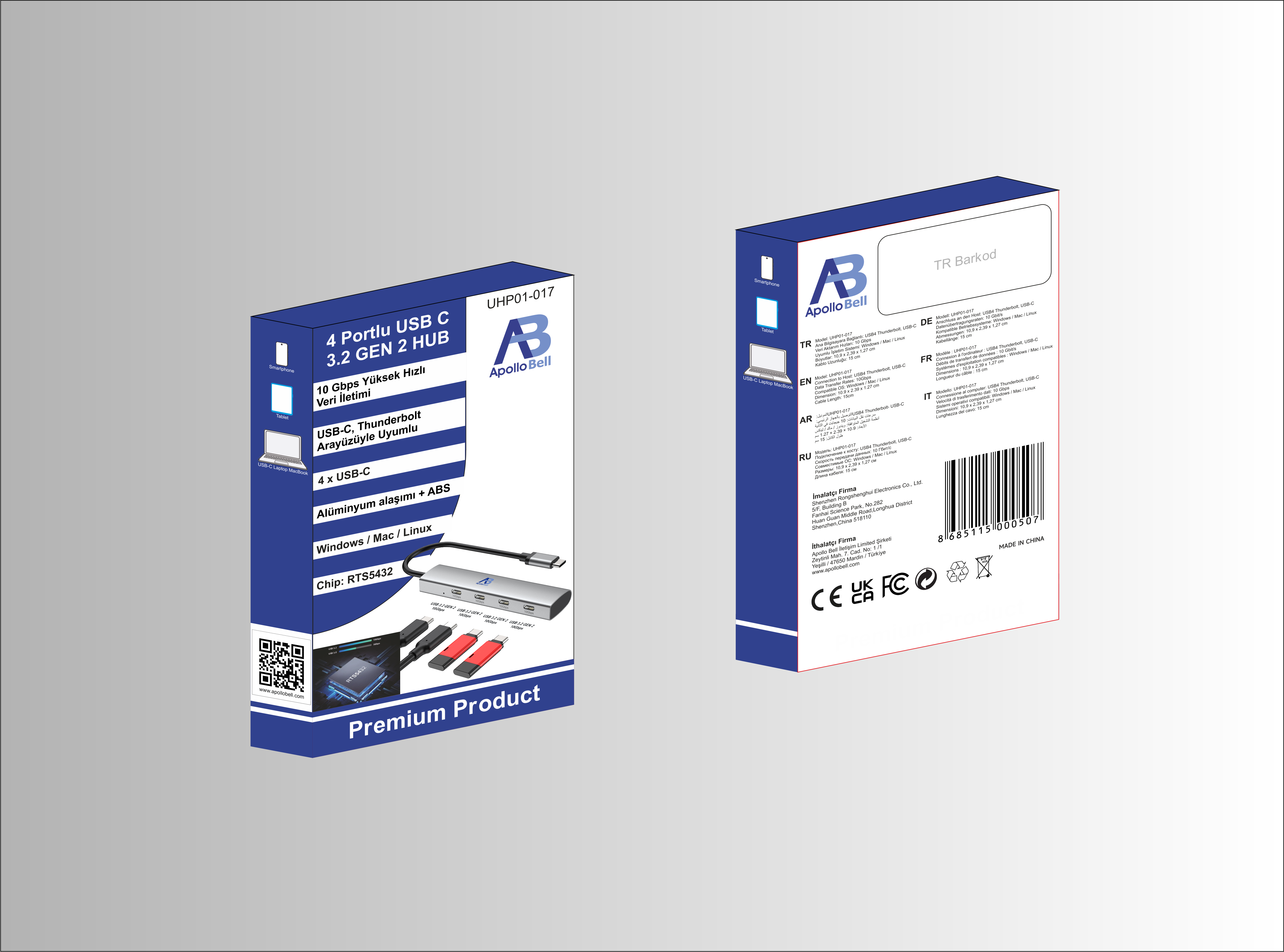UHP01-017 ApolloBell 4 Portlu USB C 3.2 Gen 2 Hub