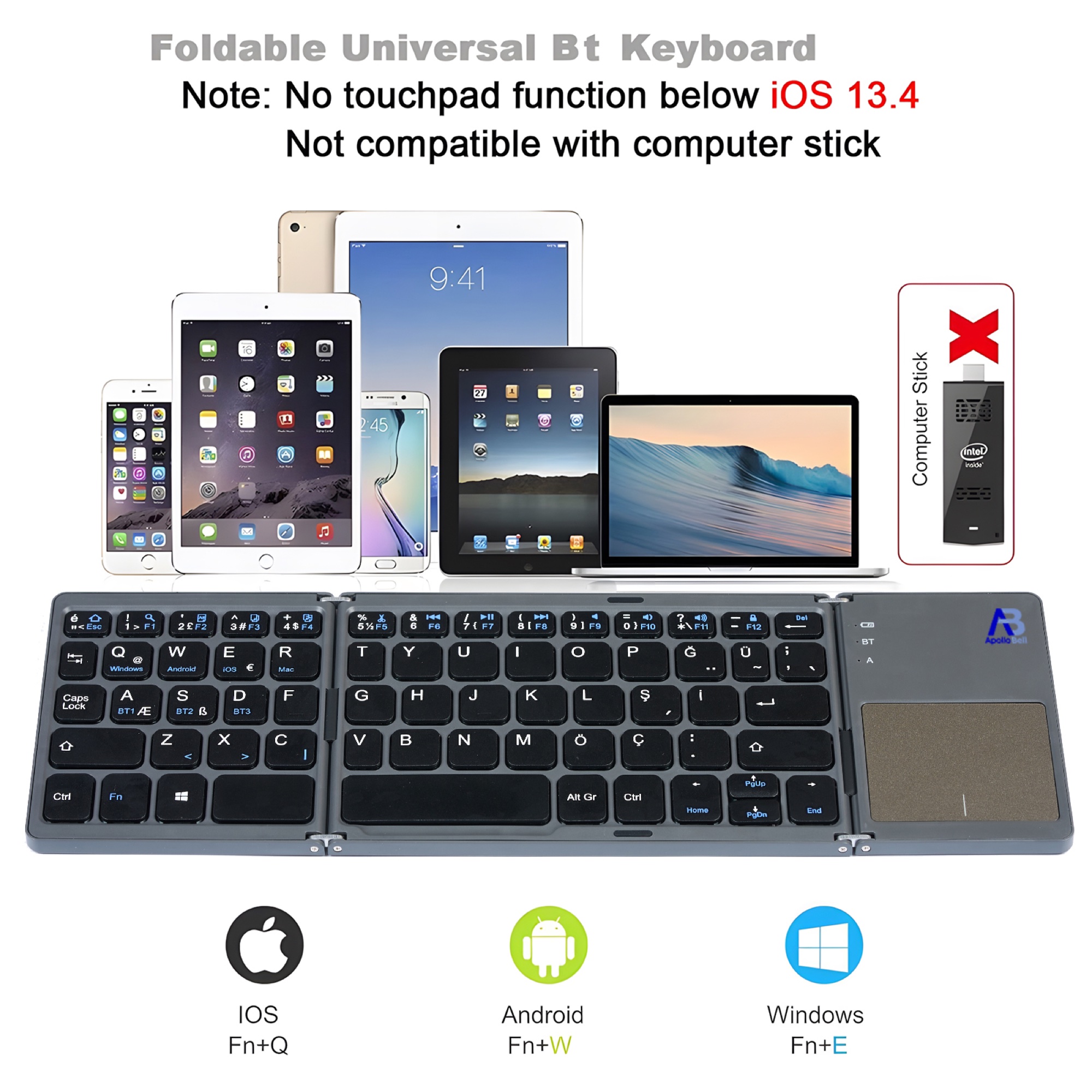 Katlanabilir Bluetooth Klavye, Dokunmatik Yüzeyli Üç Katlı, Gri - 7