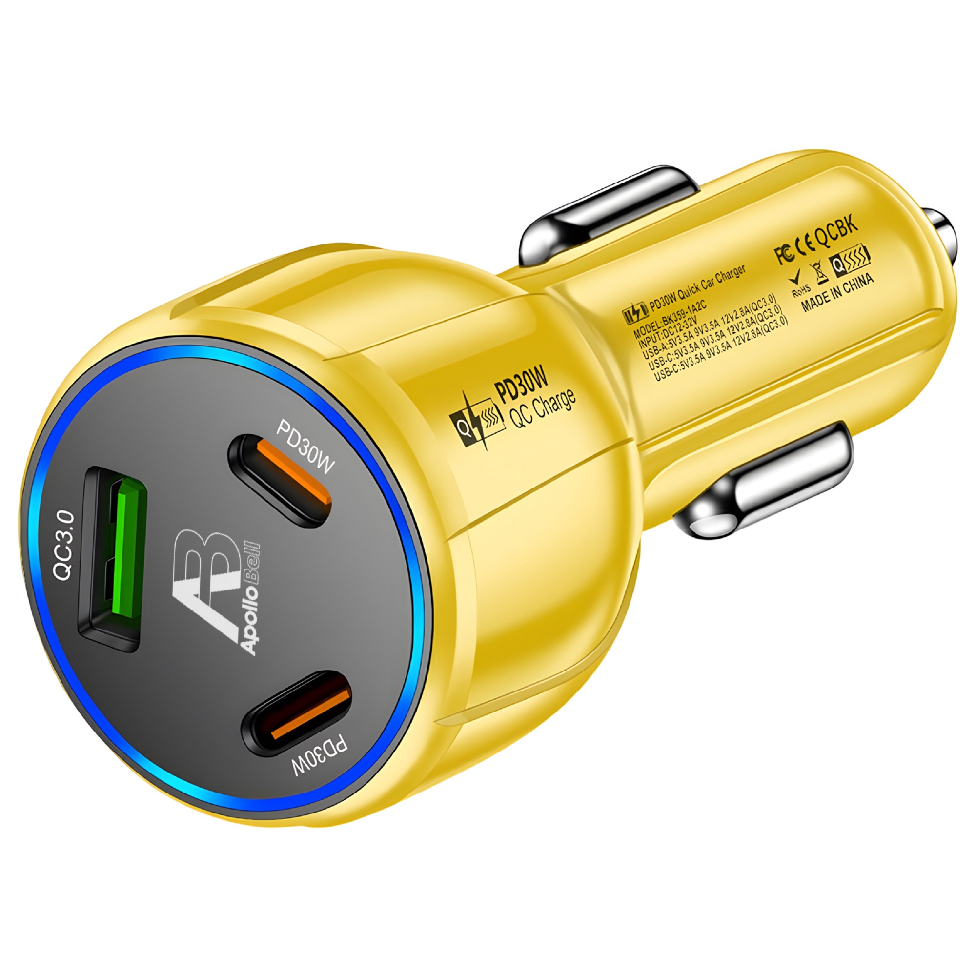 90W 3 Portlu Araç Şarj Cihazı, QC3.0 USB-A + 2x 30W USB-C PD, Sarı