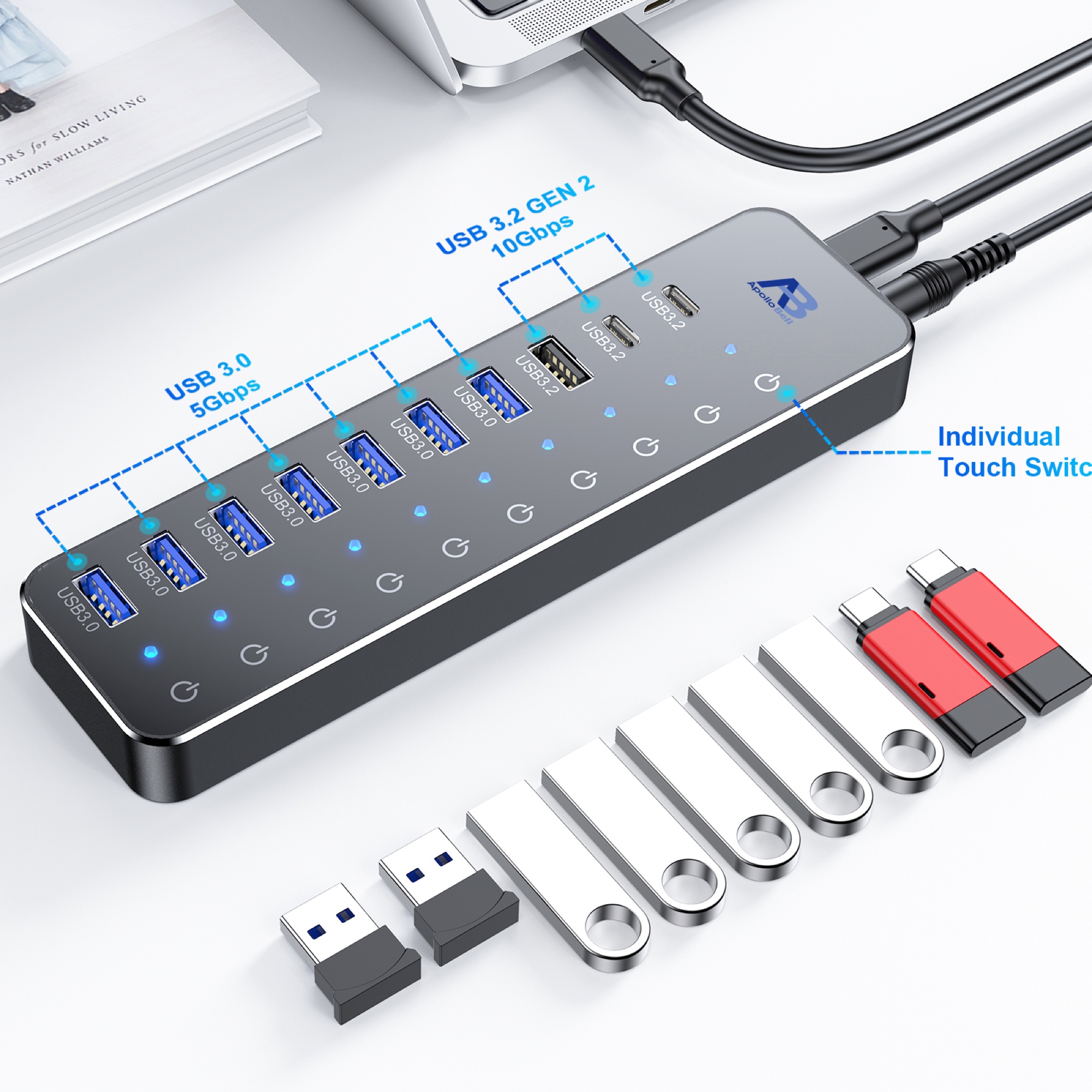 10 Portlu USB-C 3.2 Gen 2 Hub 10Gbps, Dokunmatik Anahtarlı, 60W Güç Adaptörlü, Siyah - 2