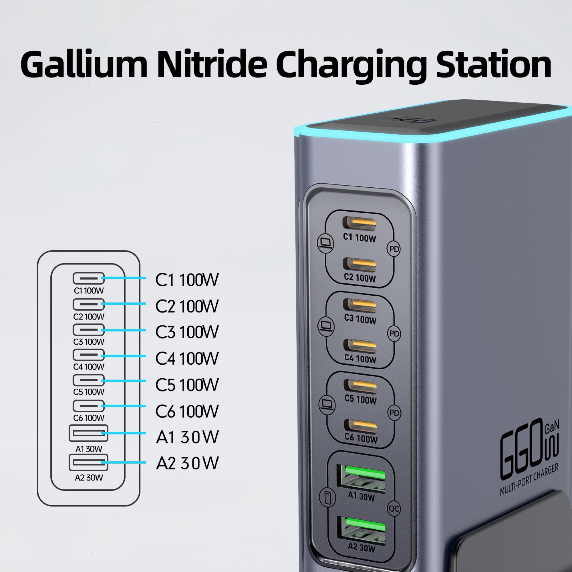 660W GaN Pro USB-C 8 Portlu Masaüstü Hızlı Şarj İstasyonu, Gri - 9