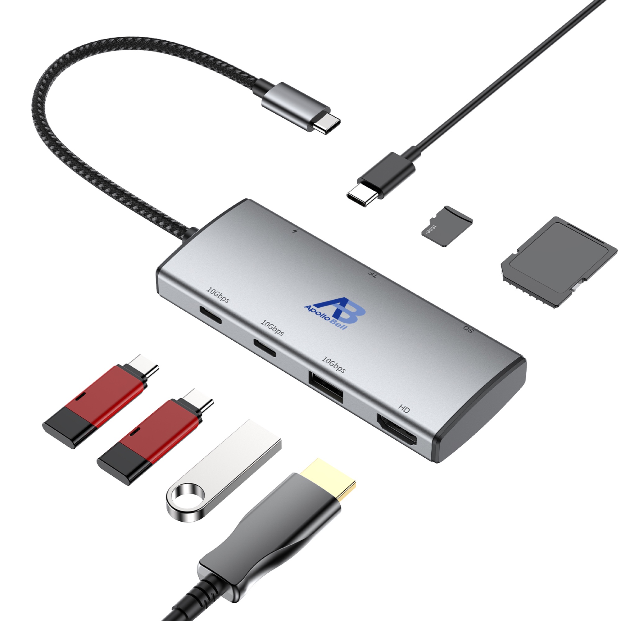7 Portlu USB-C Docking Station 10Gbps, 4K@60Hz HDMI, 100W PD, SD/TF, Gri - 3