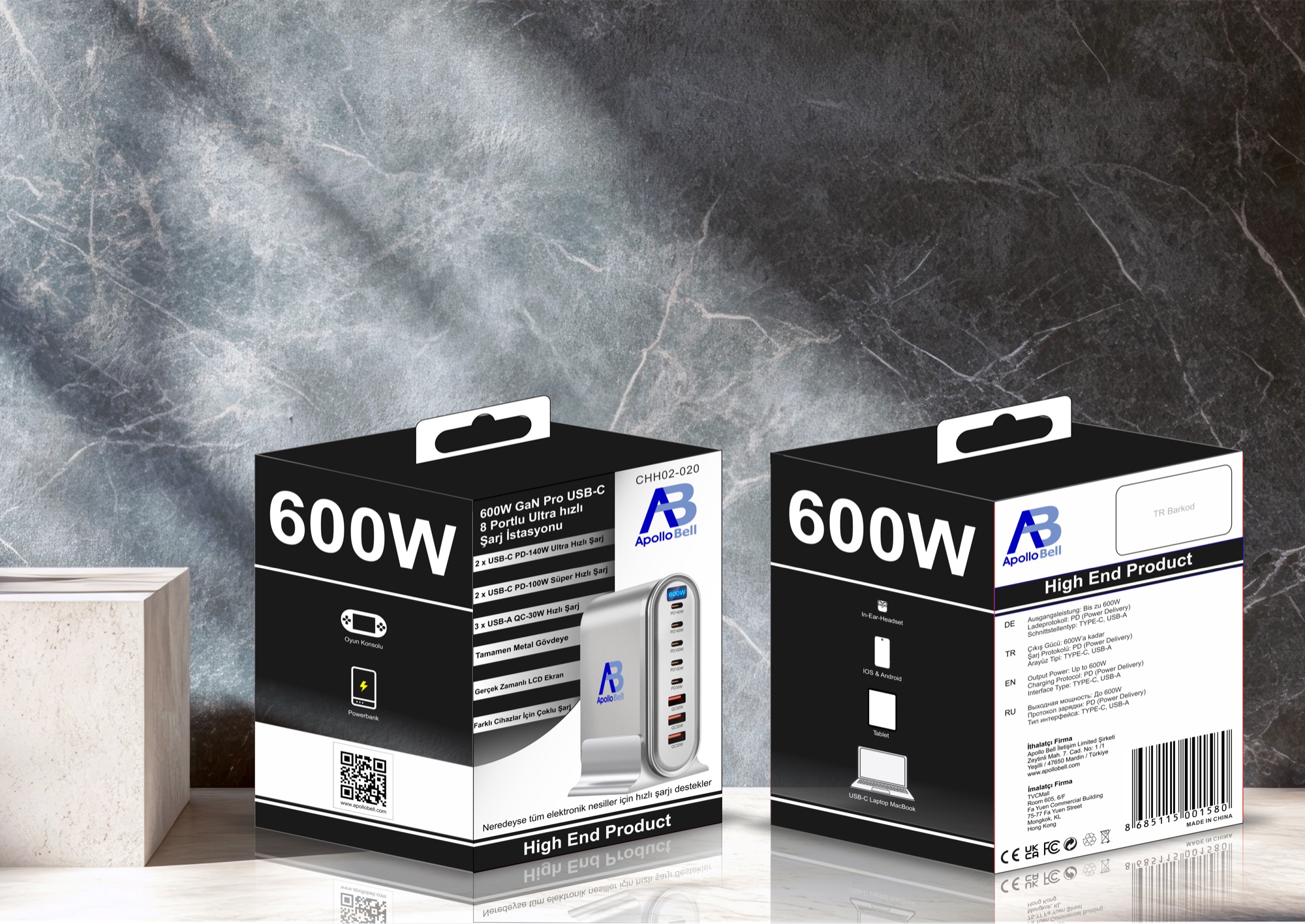 600W GaN Pro USB-C 8 Portlu Masaüstü Hızlı Şarj İstasyonu, LCD Ekranlı, Gümüş - 3