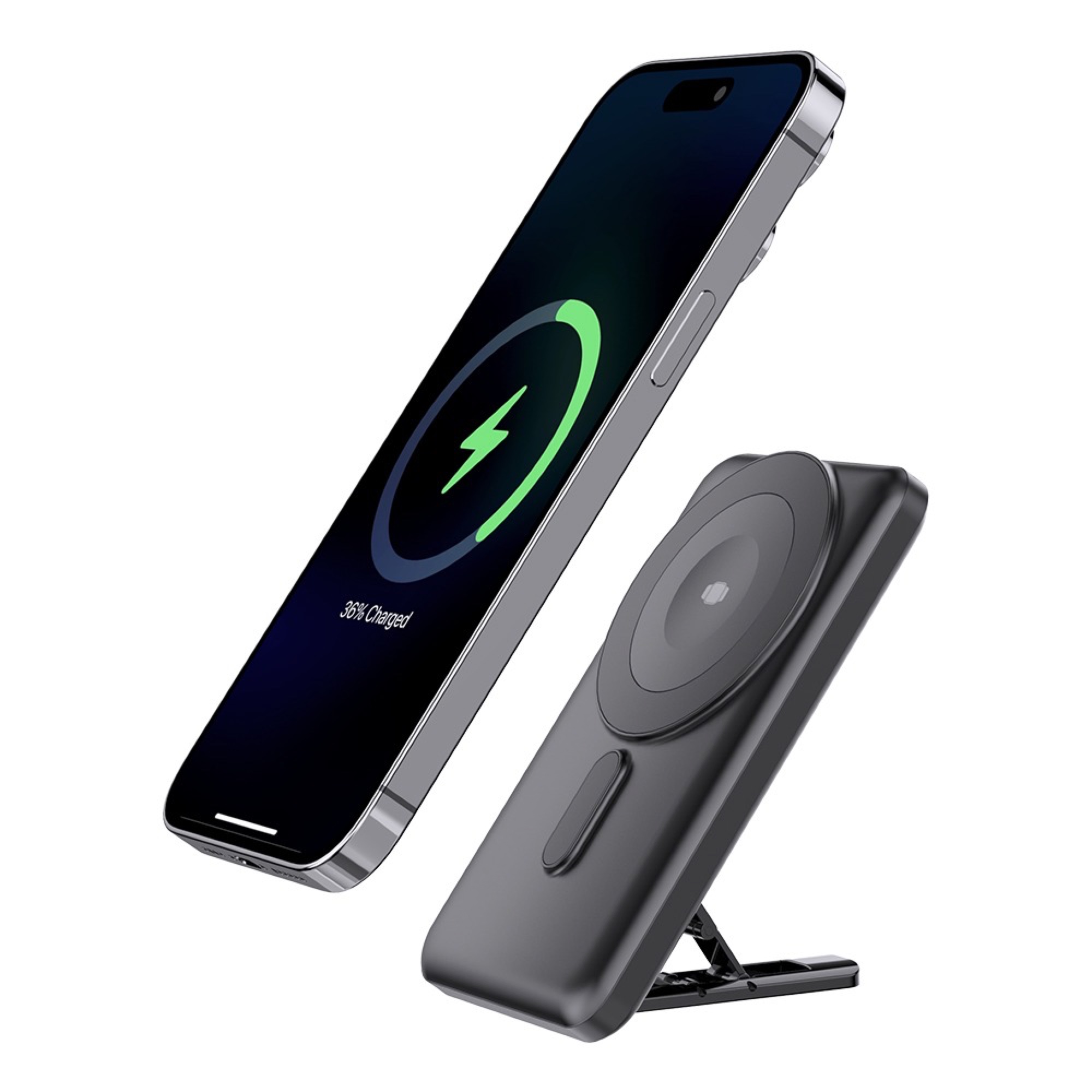 5.000mAh 3'ü 1 Arada Manyetik Kablosuz Powerbank, Dahili USB-C Kablolu ve Standlı, Siyah - 4