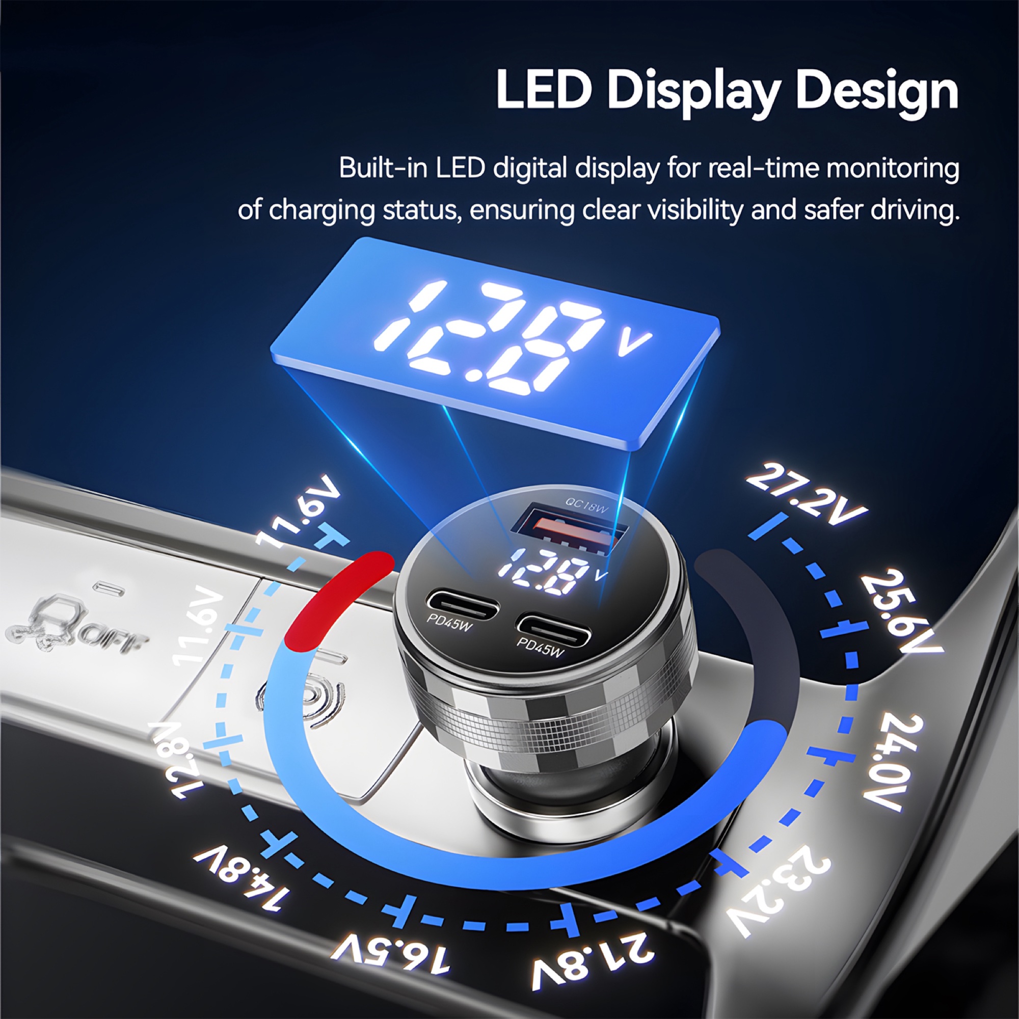 108W Araç Şarj Cihazı 2x 45W USB-C PD + USB-A, Alüminyum Gövde, LED Ekran, Gri - 6