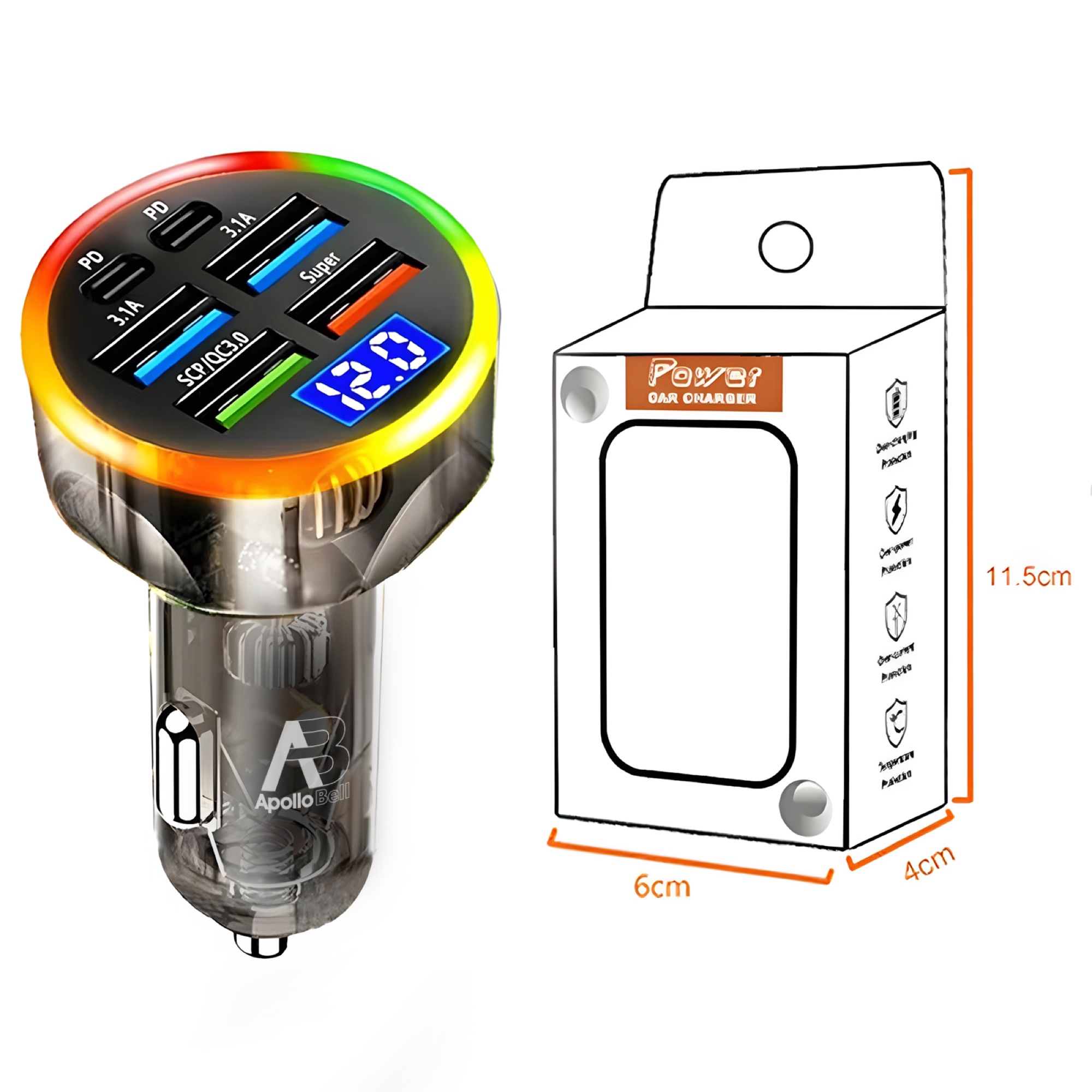150W 6 Portlu Araç Şarj Cihazı, Voltaj Göstergeli QC3.0 + PD Hızlı Şarj, Siyah - 10