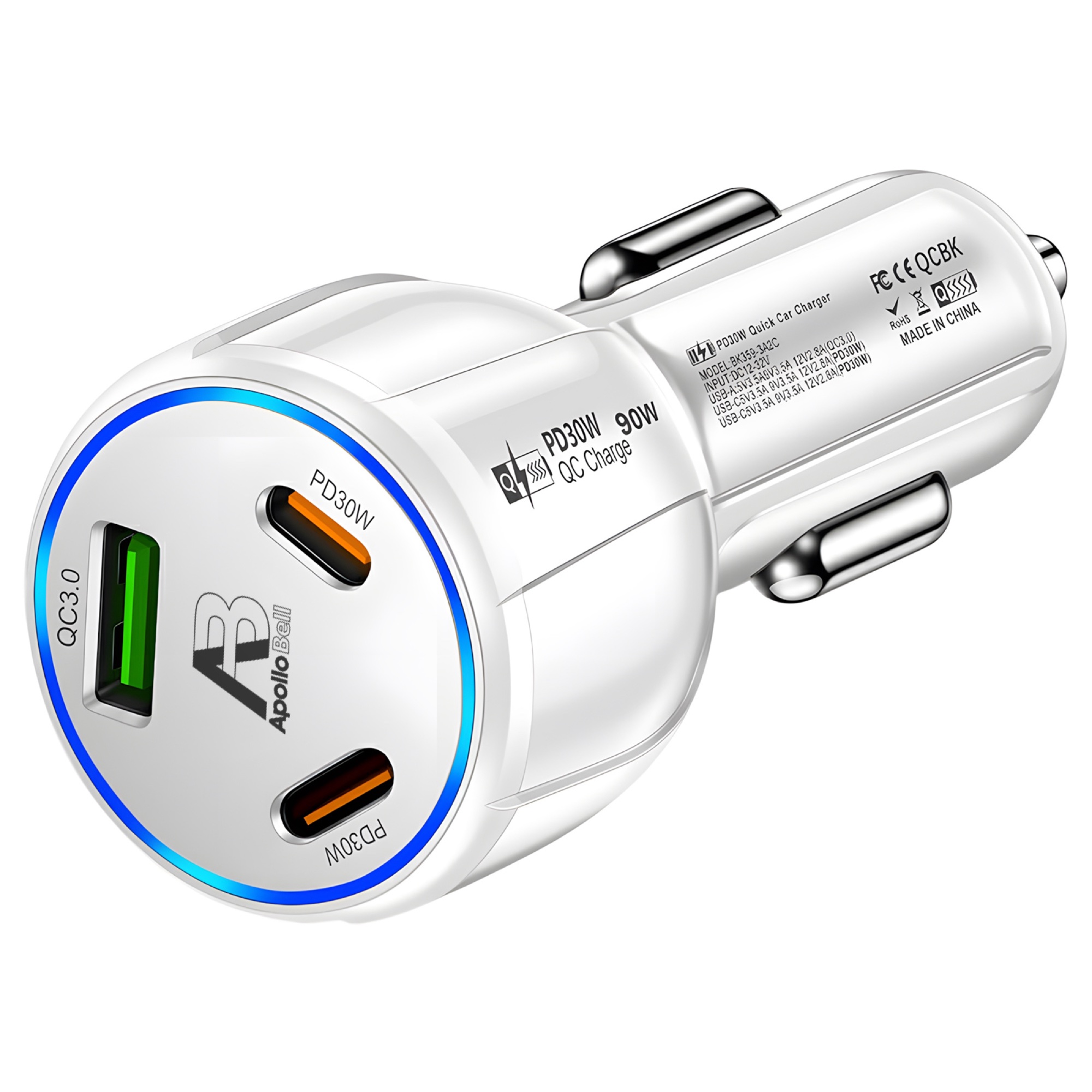90W 3 Portlu Araç Şarj Cihazı, QC3.0 USB-A + 2x 30W USB-C PD, Beyaz