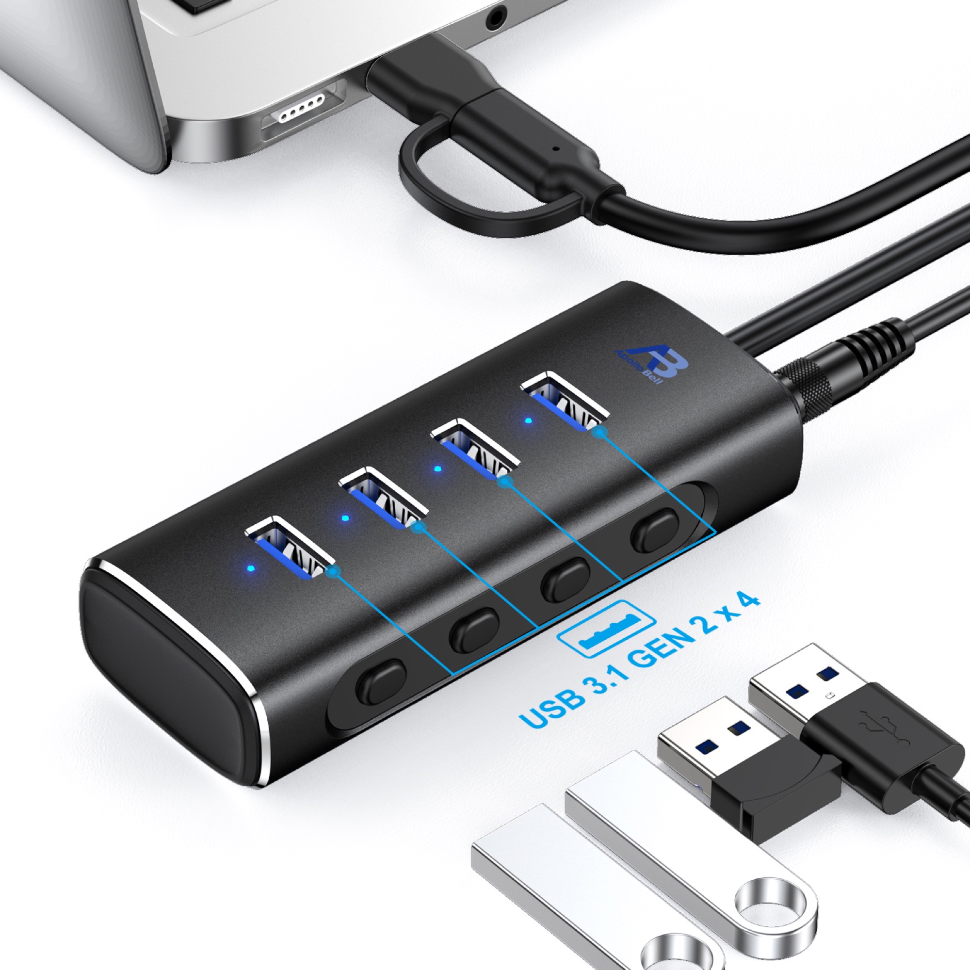 4 Portlu USB-A Hub 10Gbps USB 3.2 Gen 2, Bağımsız Anahtarlı Alüminyum, USB-C/USB-A Girişli, Siyah - 2