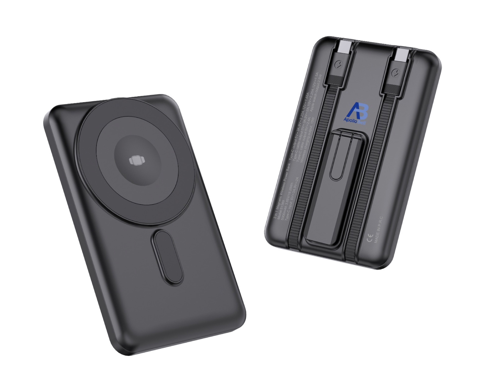 5.000mAh 3'ü 1 Arada Manyetik Kablosuz Powerbank, Dahili USB-C Kablolu ve Standlı, Siyah - 3