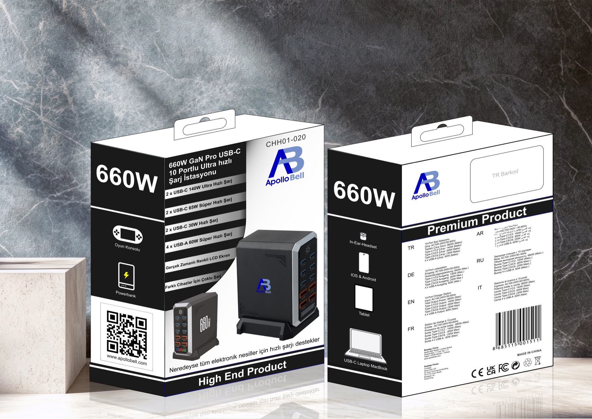 660W GaN Pro USB-C 10 Portlu Ultra Hızlı Masaüstü Şarj İstasyonu, Siyah - 8