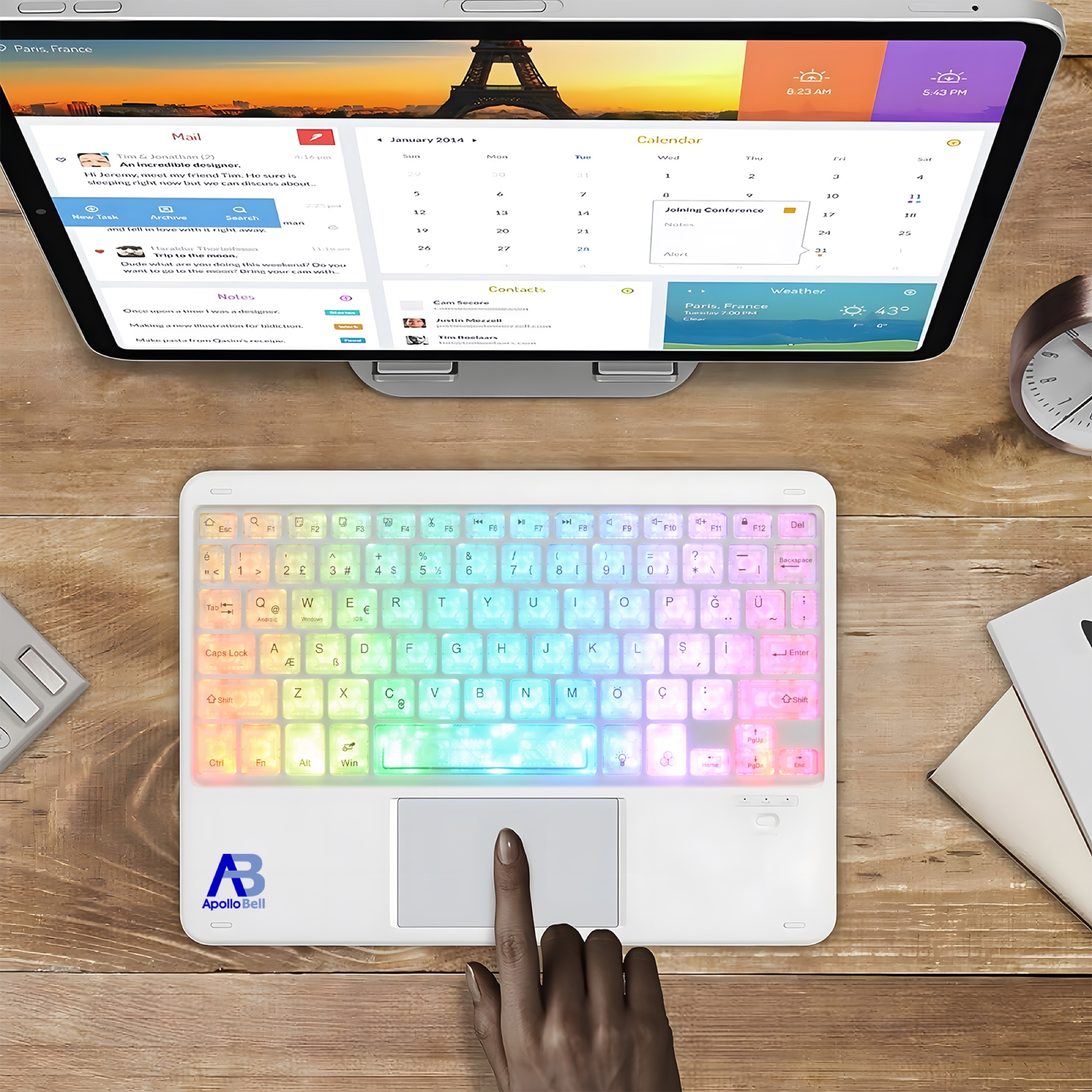 RGB Aydınlatmalı Bluetooth 5.1 Klavye ve Fare Seti, Dokunmatik Yüzeyli Şeffaf Tuşlar, Beyaz - 5