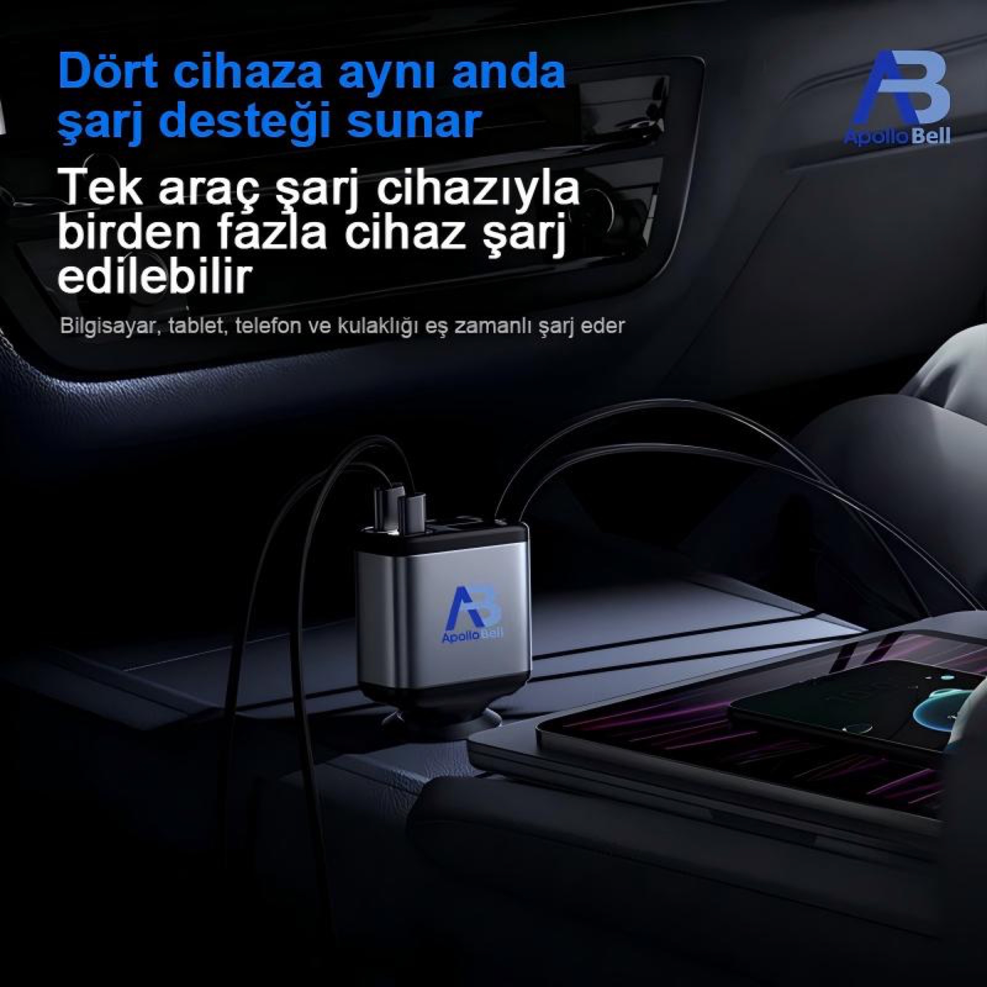 Geri Çekilebilir Çift Type-C Kablolu Araç Şarj Cihazı 120W, Akıllı LED Ekranlı, Gri - 3