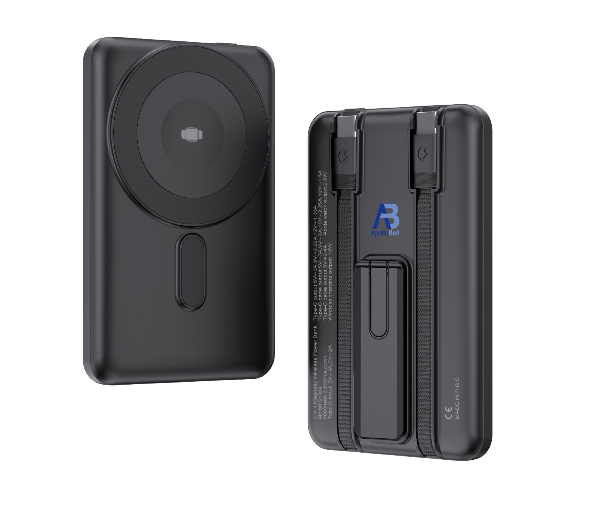 5.000mAh 3'ü 1 Arada Manyetik Kablosuz Powerbank, Dahili USB-C Kablolu ve Standlı, Siyah