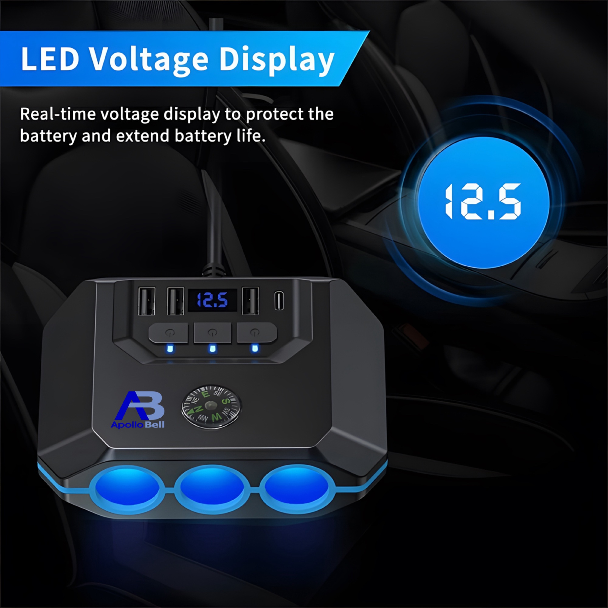 120W Araç Çakmak Çoğaltıcı 3 Çakmak Soketi + 3 USB-A + Type-C, Voltaj Göstergeli, Siyah - 7