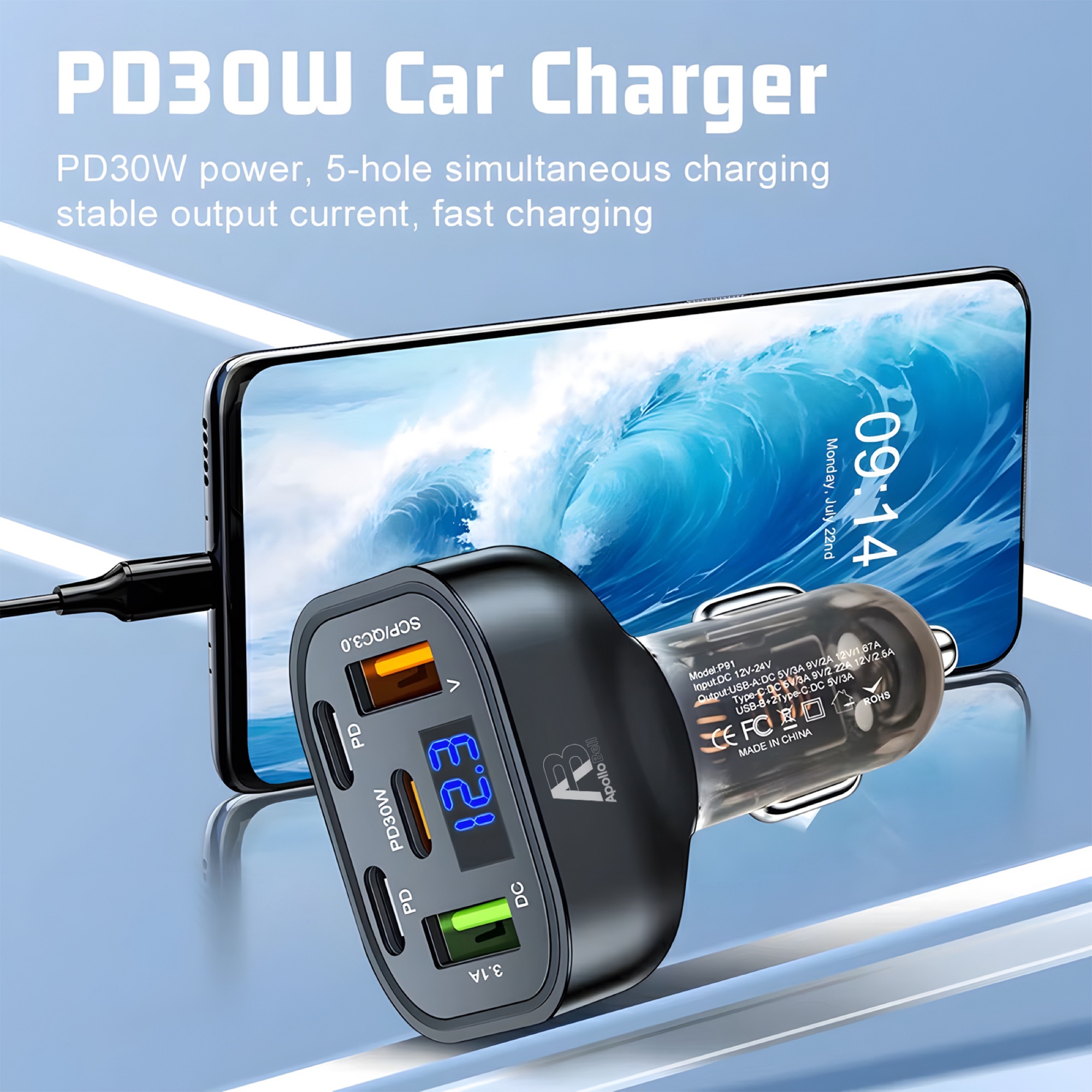 150W 5'i 1 Arada Araç Şarj Cihazı, 3x Type-C + 2x USB, Voltaj Göstergeli, Siyah - 6
