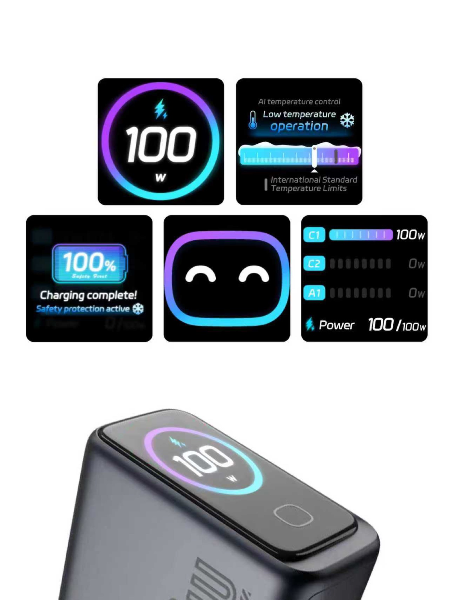 100W GaN Süper Hızlı Şarj Cihazı, Yapay Zeka Dokunmatik Ekran, 2x USB-C + USB-A - 2
