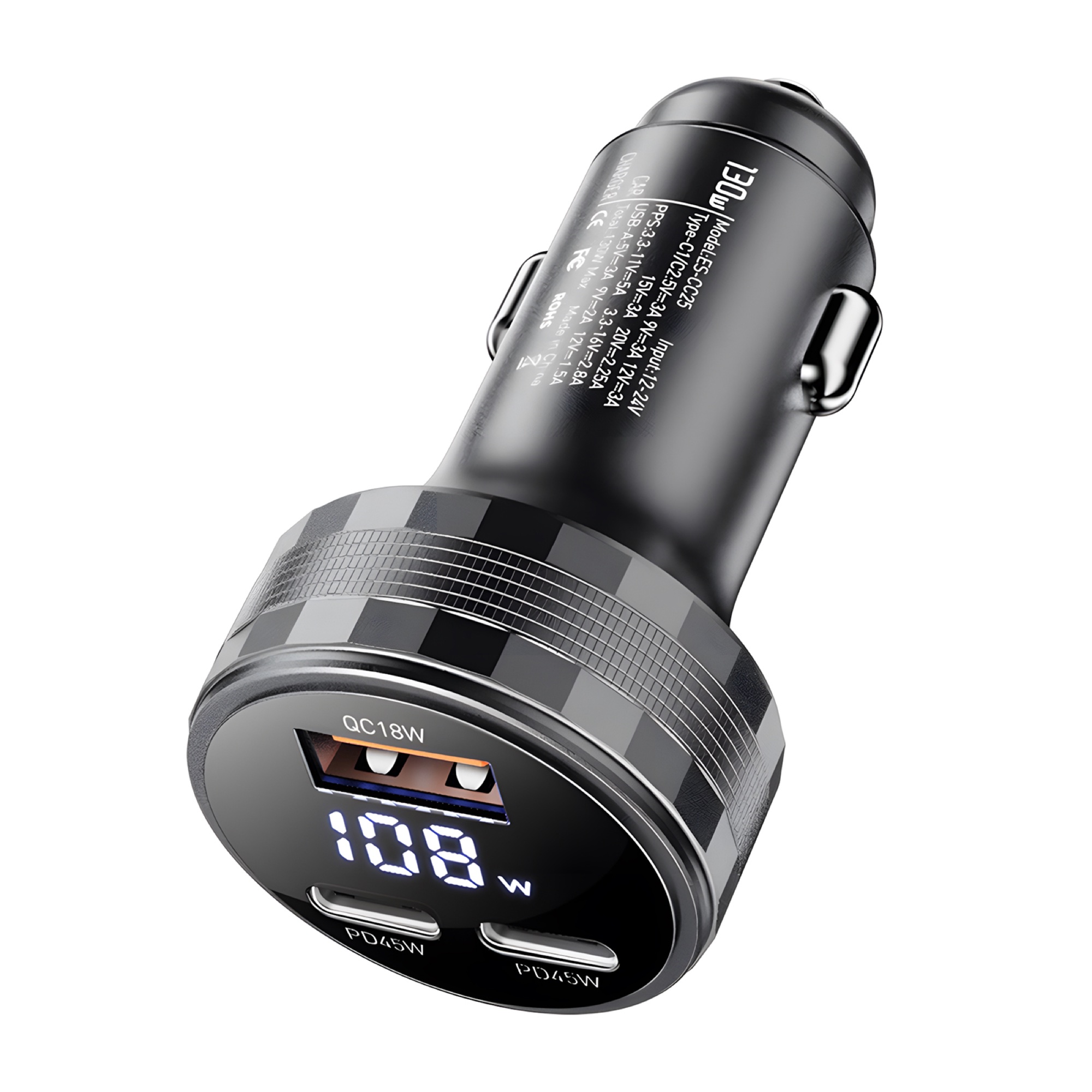 108W Araç Şarj Cihazı 2x 45W USB-C PD + USB-A, Alüminyum Gövde, LED Ekran, Gri - 2