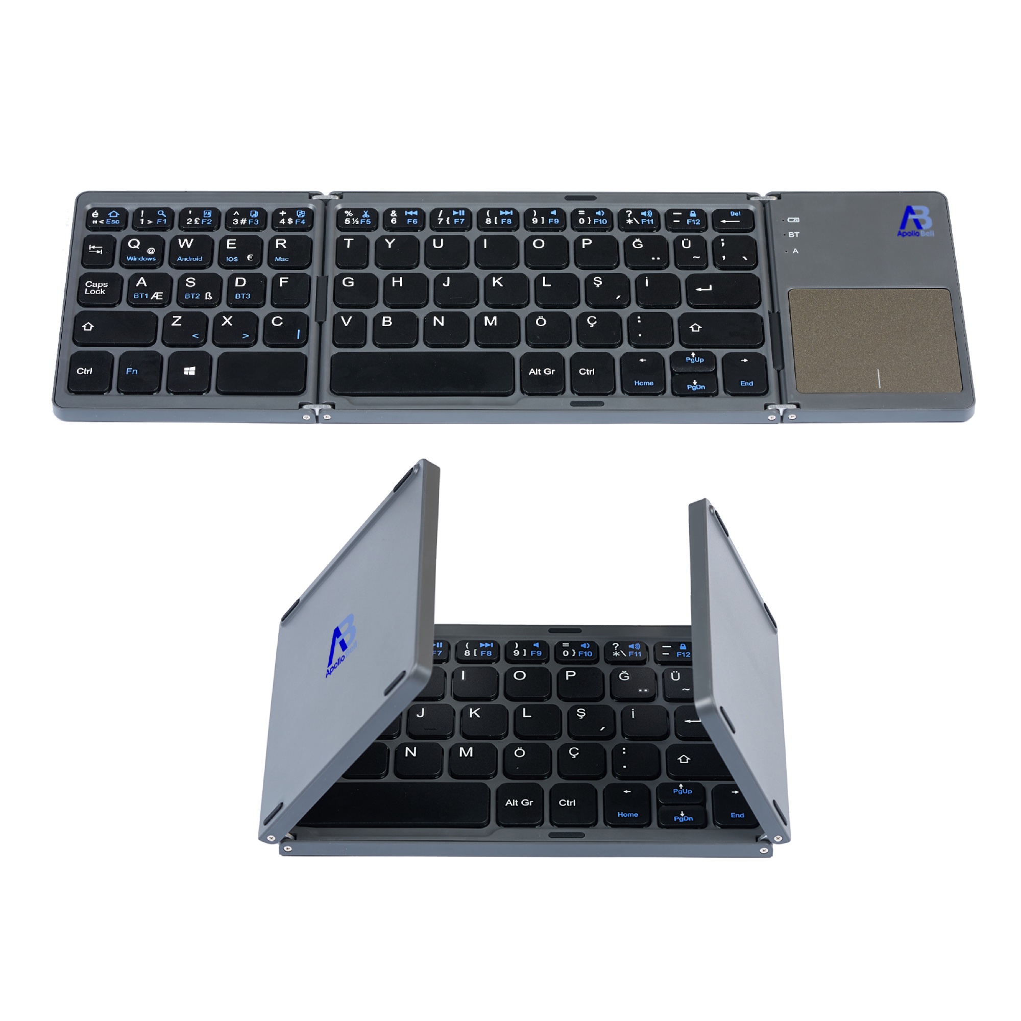 Katlanabilir Bluetooth Klavye, Dokunmatik Yüzeyli Üç Katlı, Gri - 3