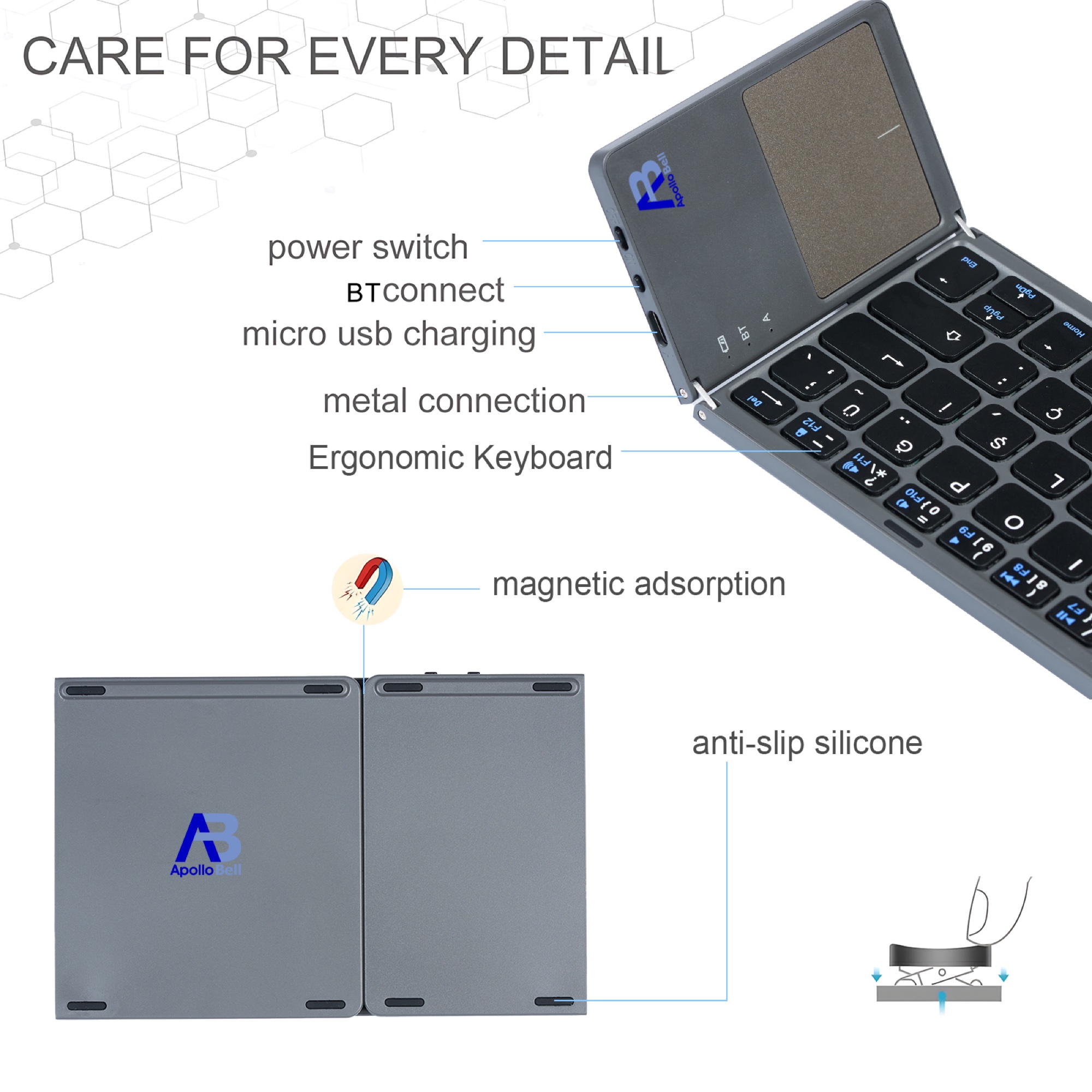 Katlanabilir Bluetooth Klavye, Dokunmatik Yüzeyli Üç Katlı, Gri - 5